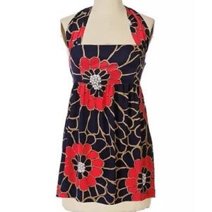 Anthropologie TABITHA Loud & Clear Navy & Pink Floral Silk Halter Tunic Top